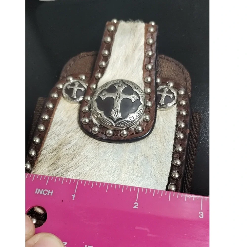Western Leather Cowhide Belt Clip Phone Holster Pouch Cross Conchos Studded